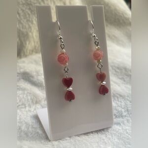 Rose and natural stone Heart earrings with 925 silver hooks and accents.